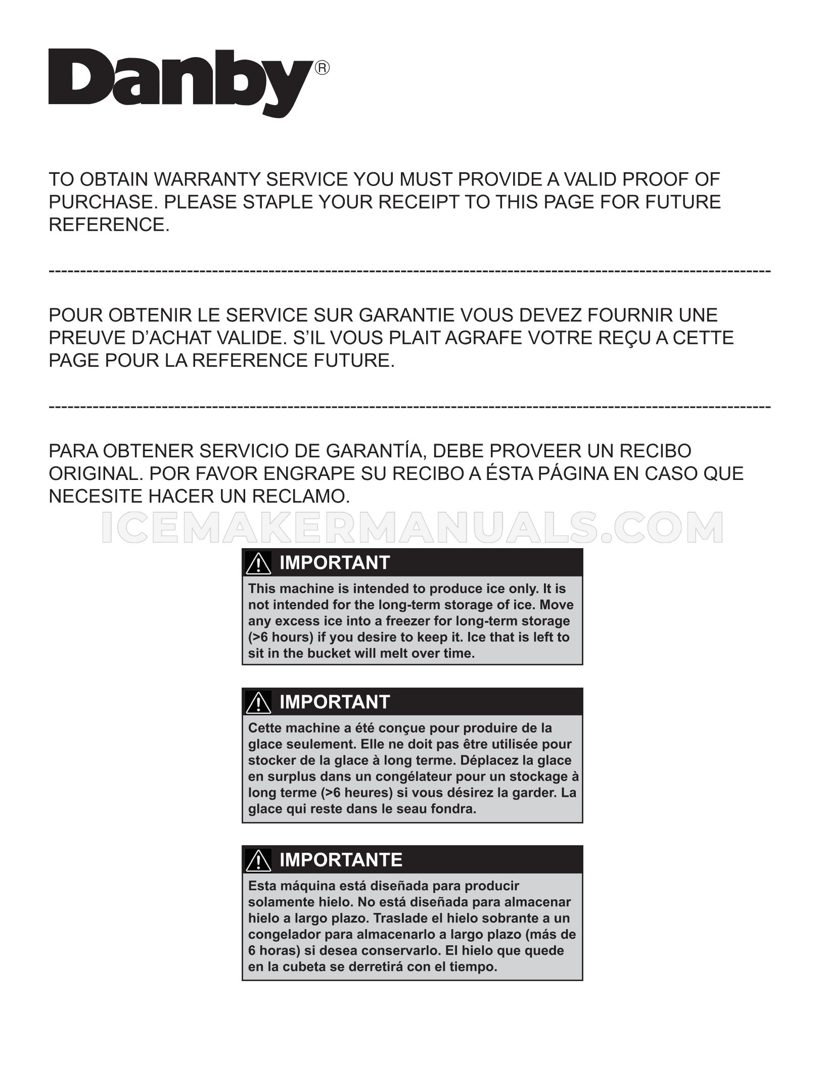 Danby DIM2500SSDB Ice Machine Use and Care Guide Ice Maker Manuals