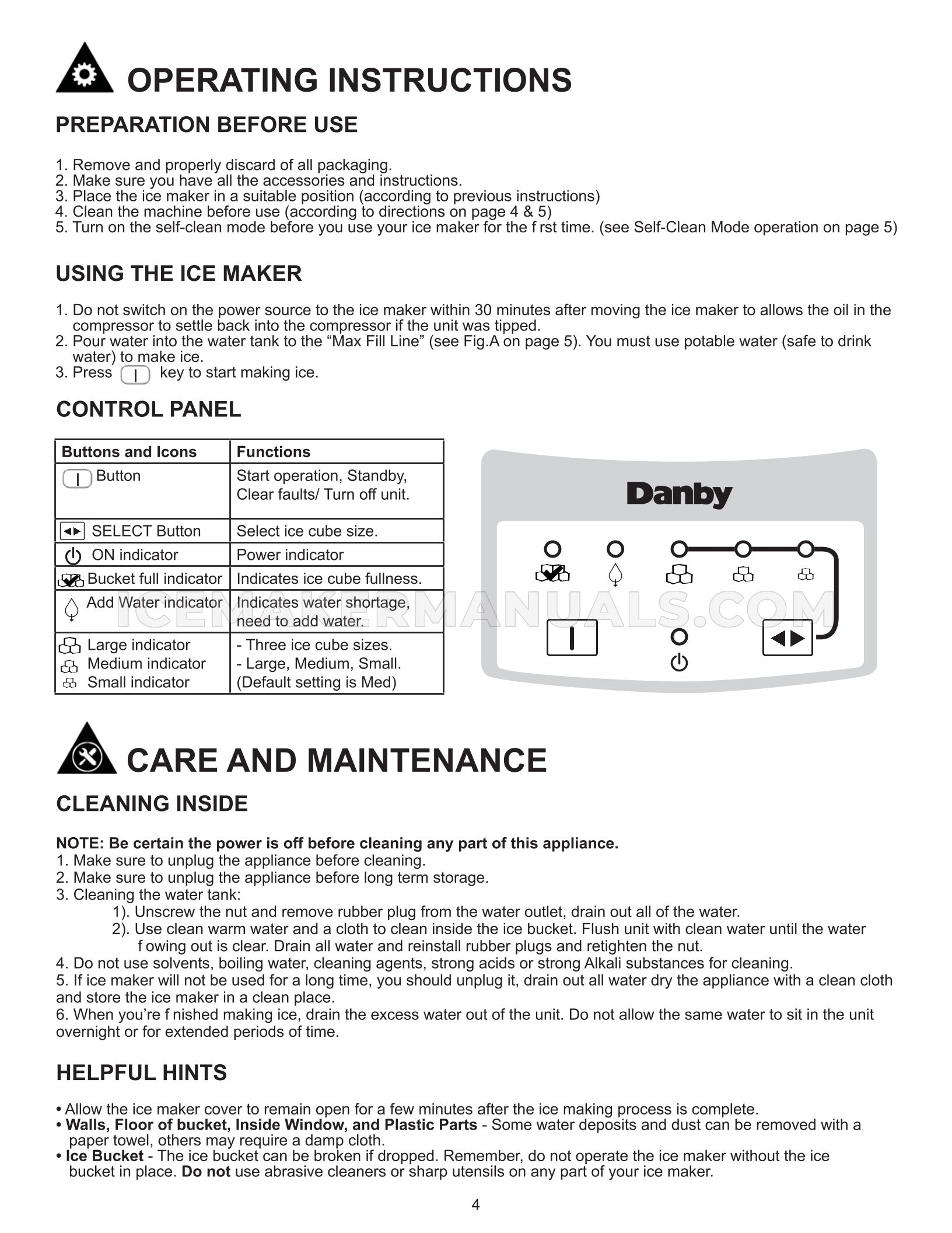 Danby DIM2500SSDB Ice Machine Use and Care Guide Ice Maker Manuals