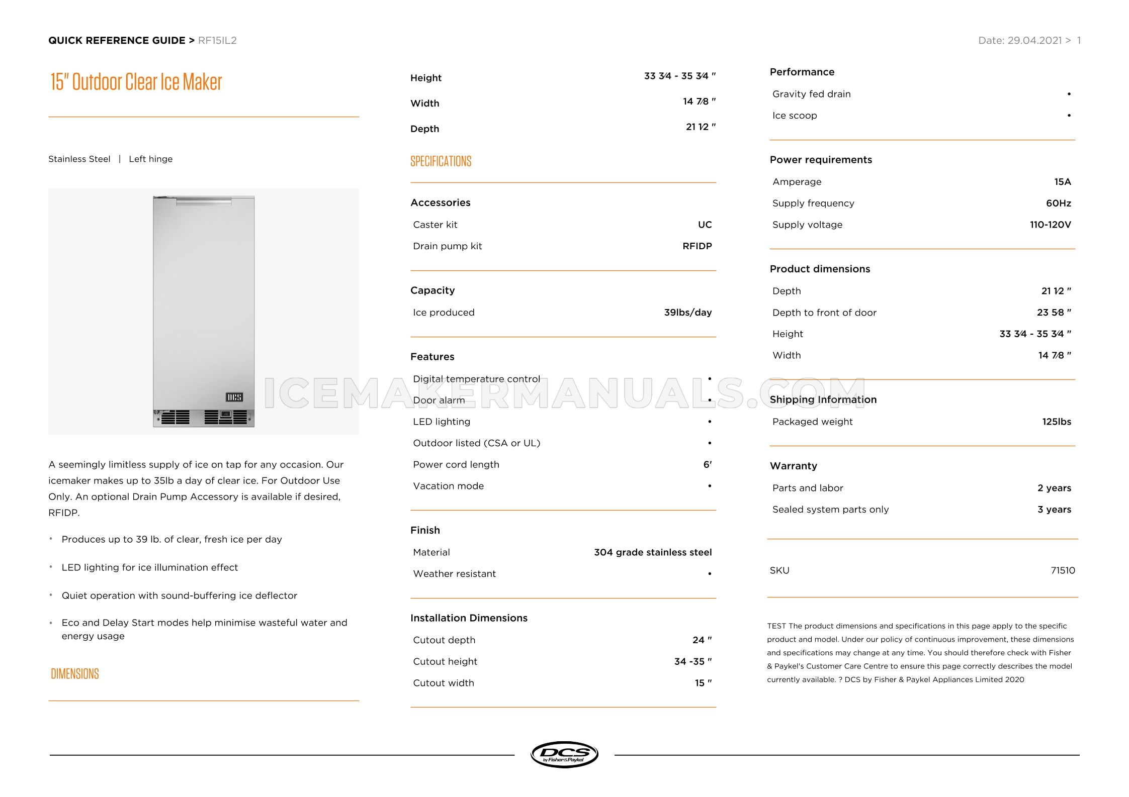 DCS RF15IL2 Ice Machine Quick Reference Guide Ice Maker Manuals