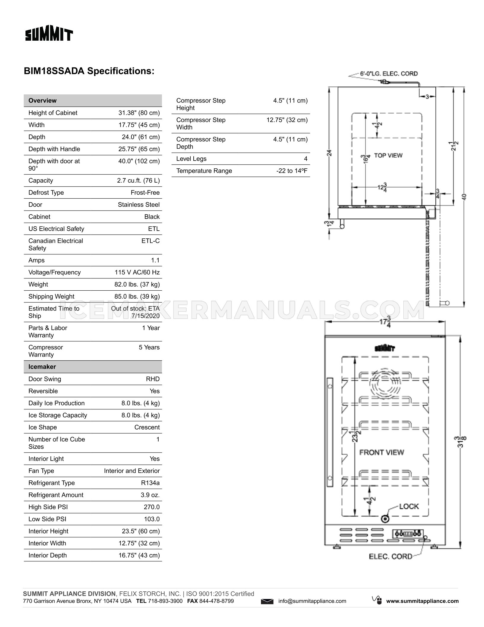 Summit BIM18SSADA Ice Machine Spec Sheet Ice Maker Manuals