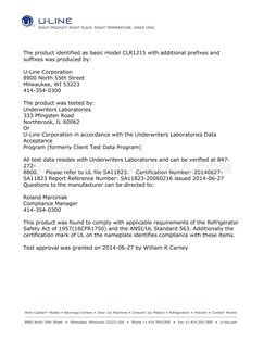 U-Line UCLR1215SOD00B Compliance Document